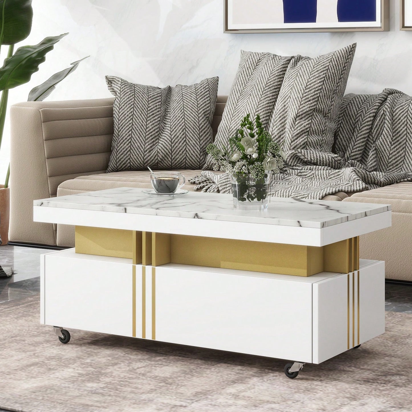 Contemporary Coffee Table With Faux Marble Top And Drawers