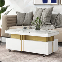 Contemporary Coffee Table With Faux Marble Top And Drawers