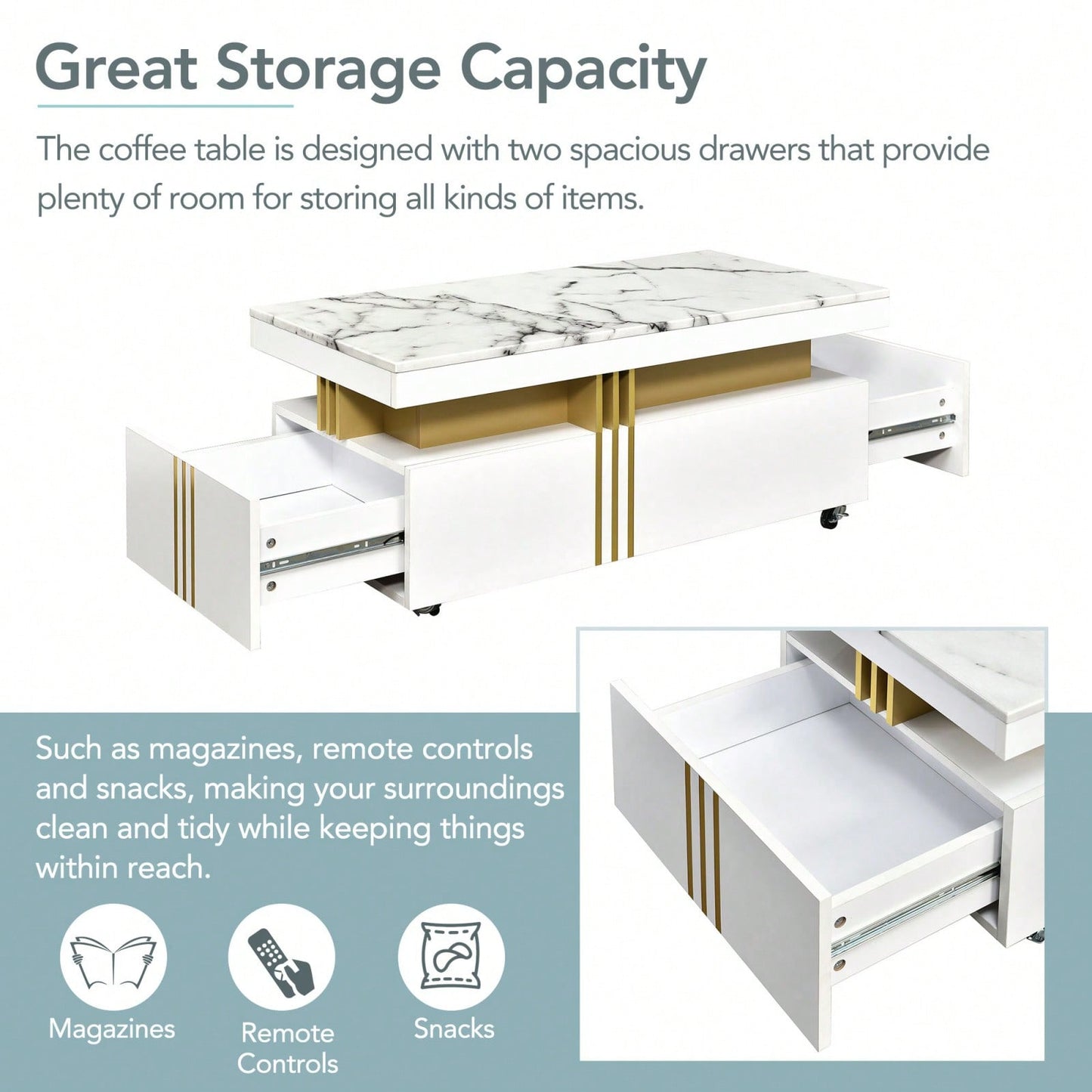 Contemporary Coffee Table With Faux Marble Top And Drawers