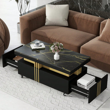 Contemporary Coffee Table With Faux Marble Top And Drawers