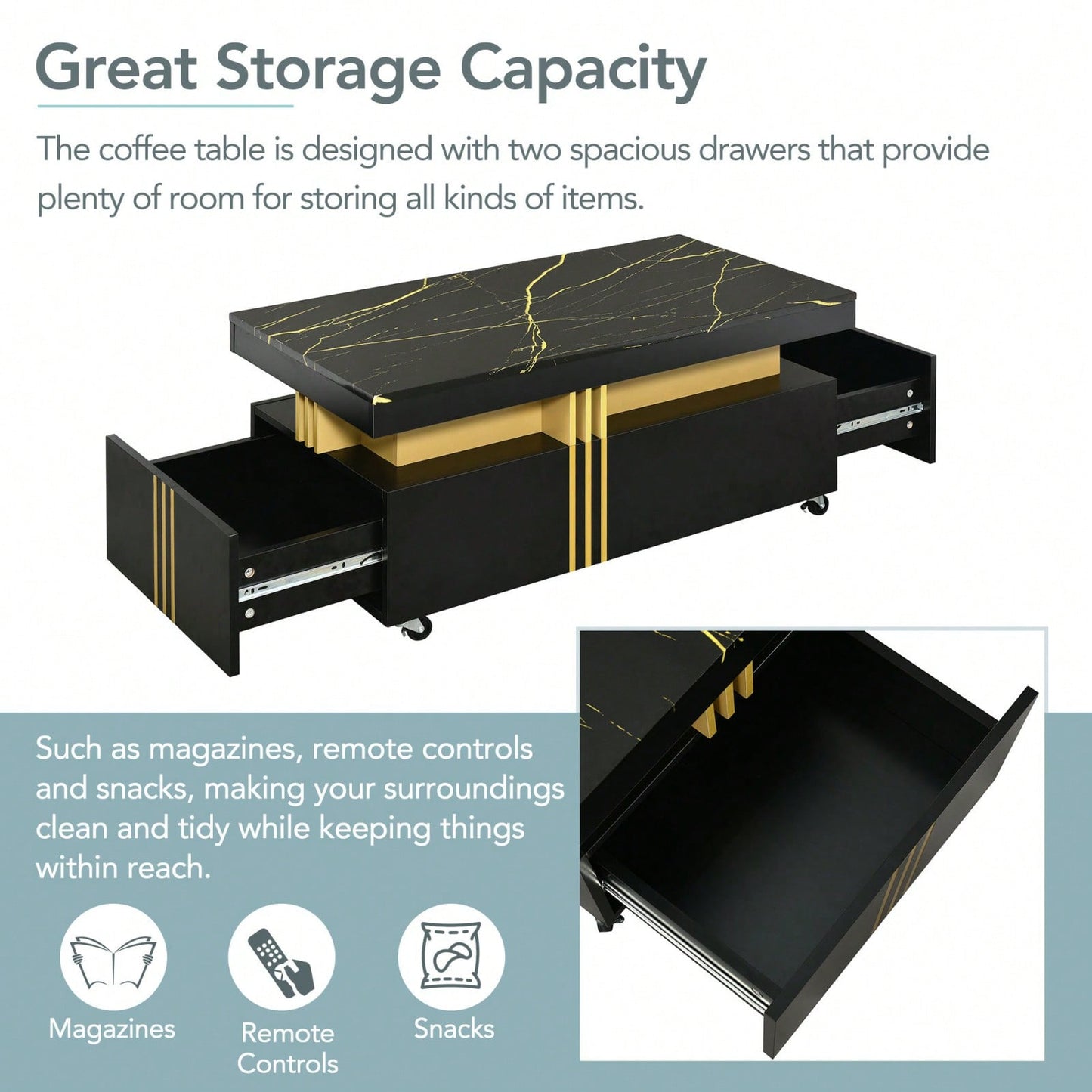 Contemporary Coffee Table With Faux Marble Top And Drawers