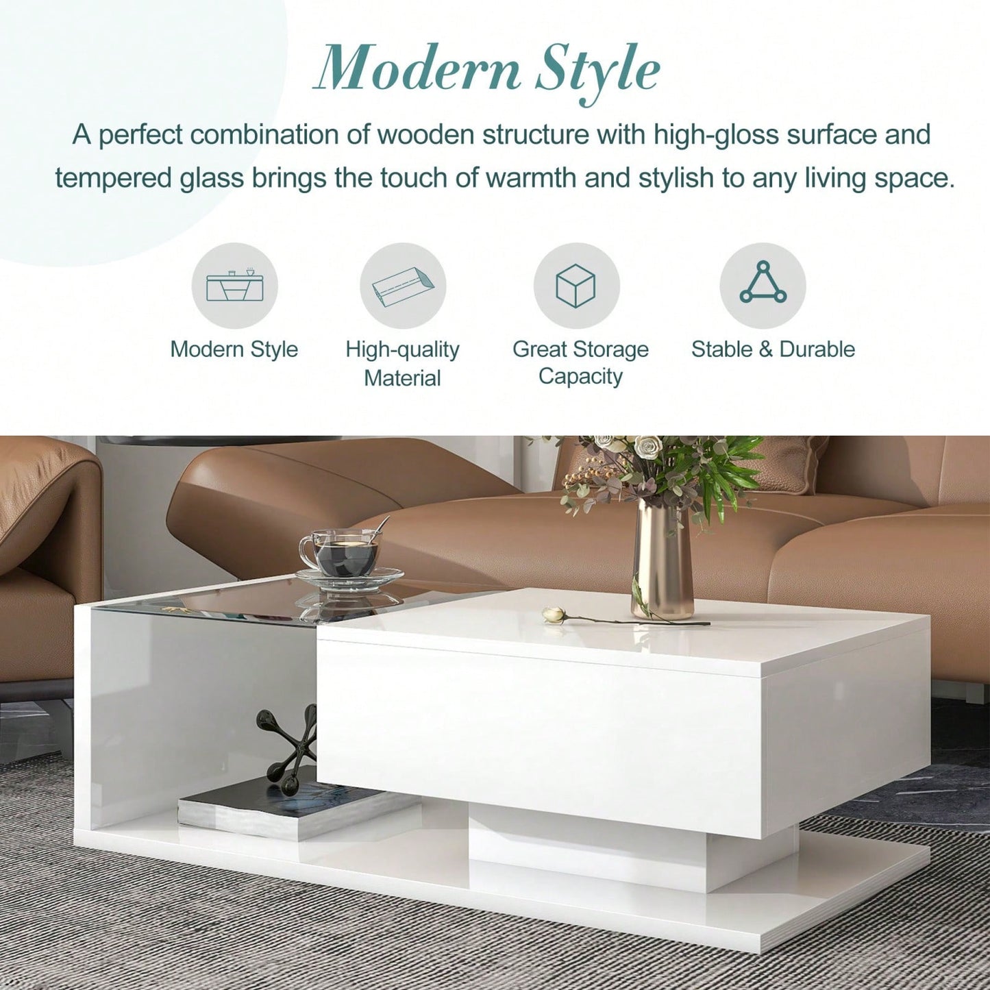 Modern Coffee Table With Tempered Glass Top And Drawer