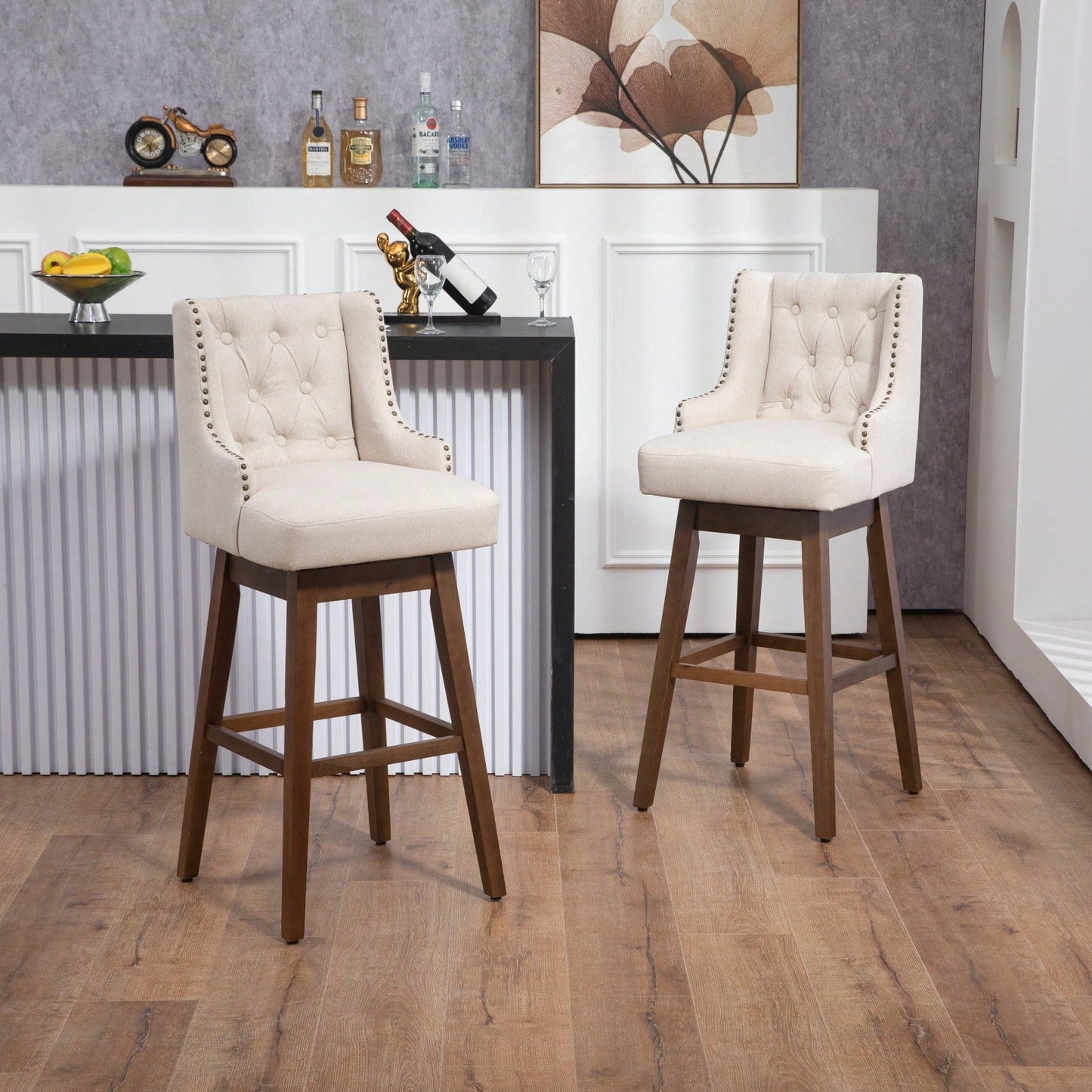 Bar Stools Set Of 2 Counter Height Chairs With Footrest For Kitchen, Dining Room And 360 Degree Swivel