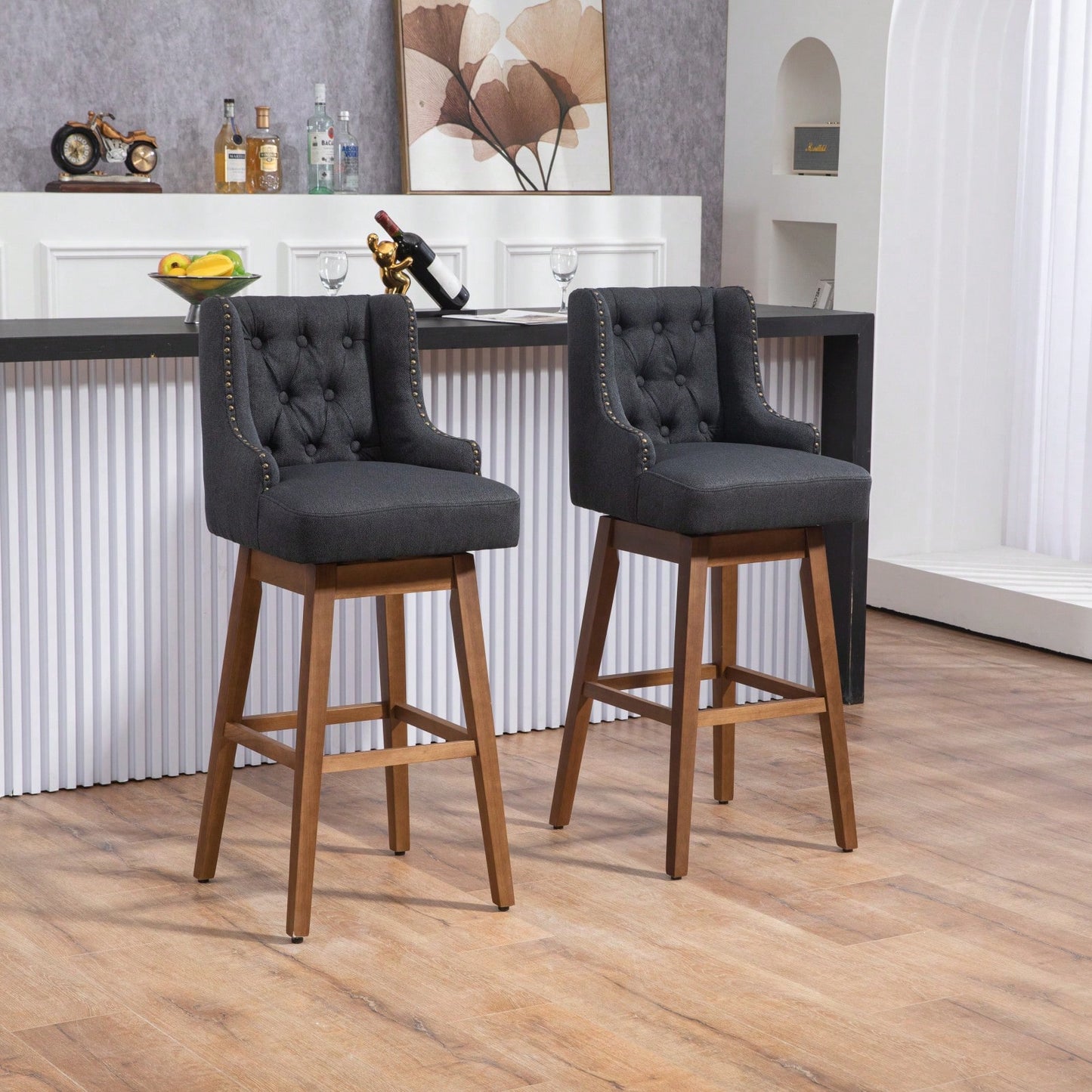 Bar Stools Set Of 2 Counter Height Chairs With Footrest For Kitchen, Dining Room And 360 Degree Swivel