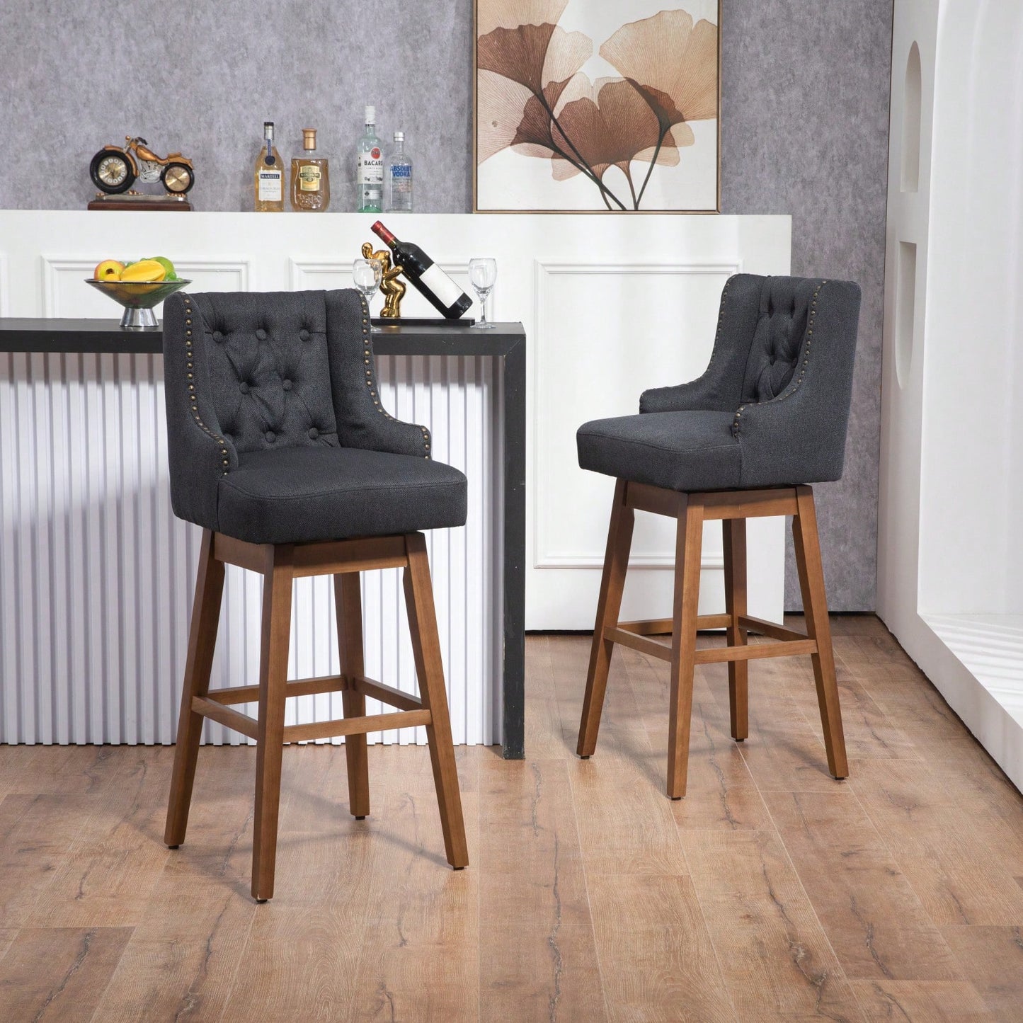 Bar Stools Set Of 2 Counter Height Chairs With Footrest For Kitchen, Dining Room And 360 Degree Swivel