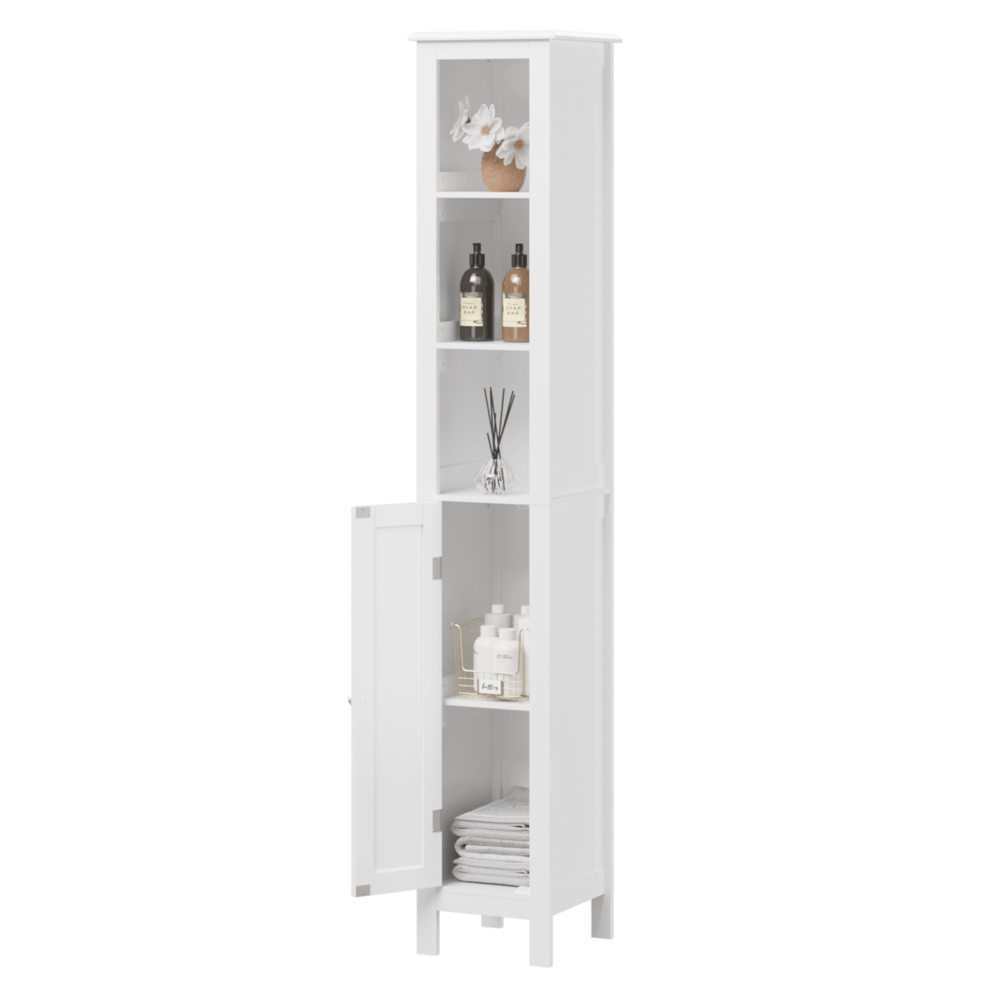 67 Inch Tall Freestanding Bathroom Storage Cabinet with Adjustable Shelves and Anti-Tip Design in White for Home Organization