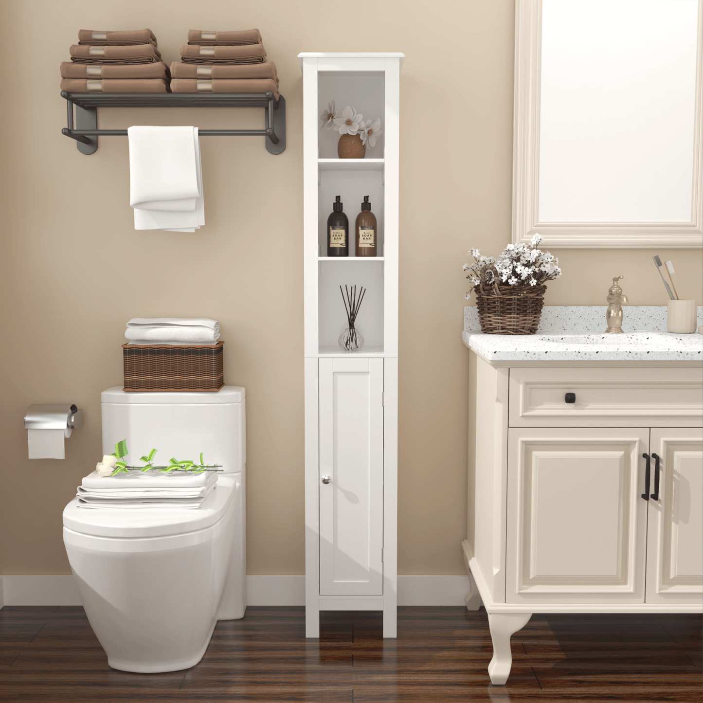 67 Inch Tall Freestanding Bathroom Storage Cabinet with Adjustable Shelves and Anti-Tip Design in White for Home Organization