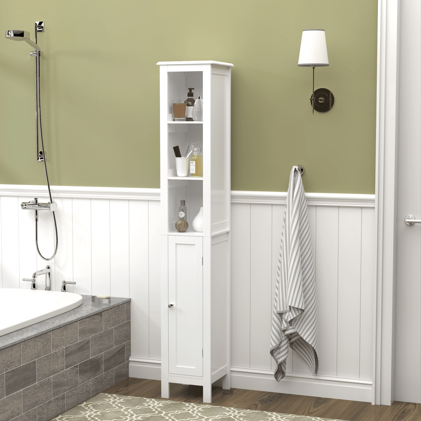 67 Inch Tall Freestanding Bathroom Storage Cabinet with Adjustable Shelves and Anti-Tip Design in White for Home Organization