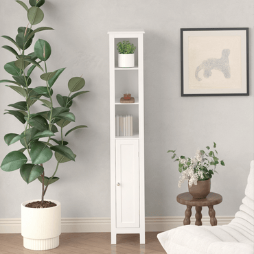 67 Inch Tall Freestanding Bathroom Storage Cabinet with Adjustable Shelves and Anti-Tip Design in White for Home Organization