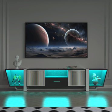 Biplane Design Modern TV Console with LED Lights Remote Multi-Color Storage Cabinets Black