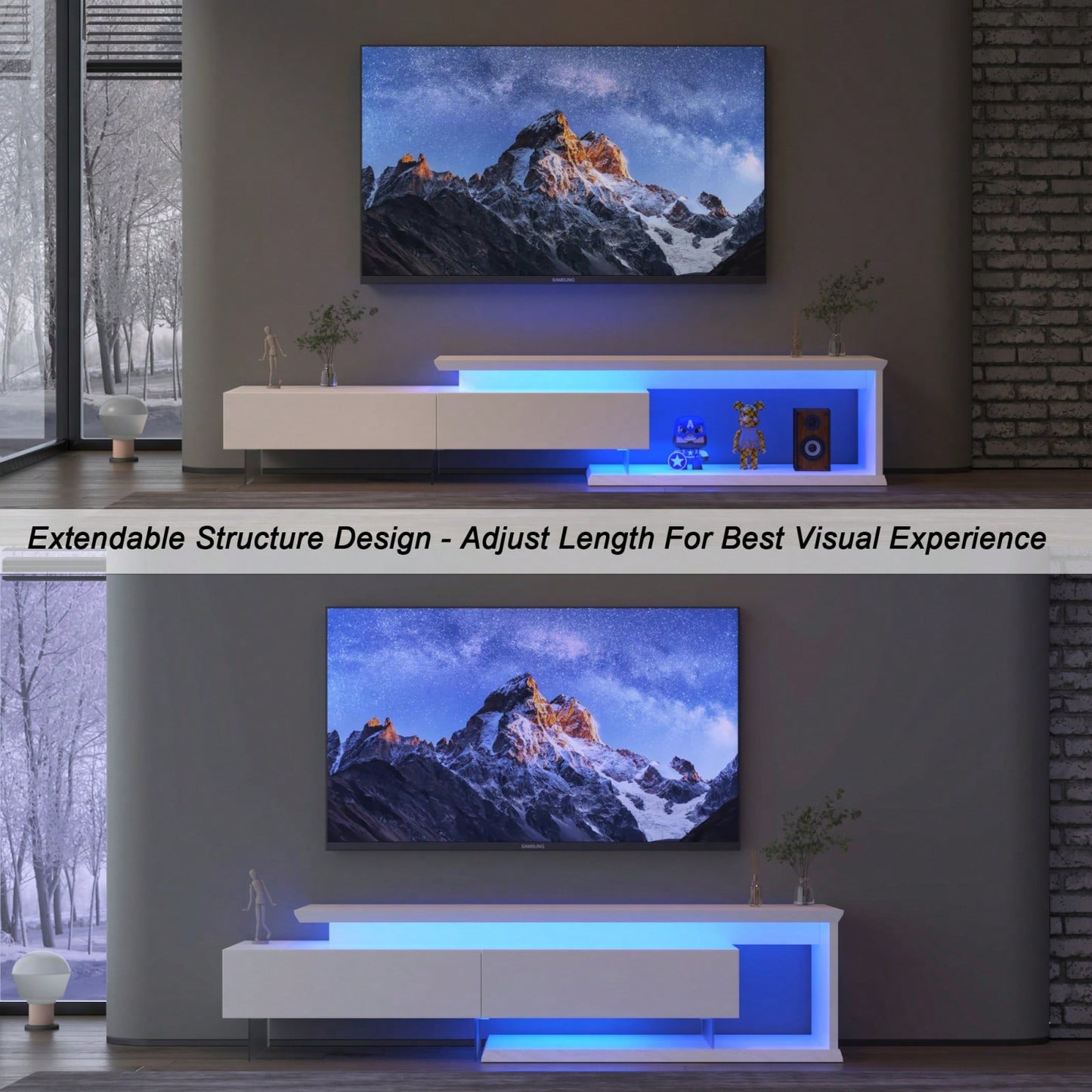 Adjustable LED TV Stand with Storage Cabinets Modern White Entertainment Center Multicolor Mood Lighting