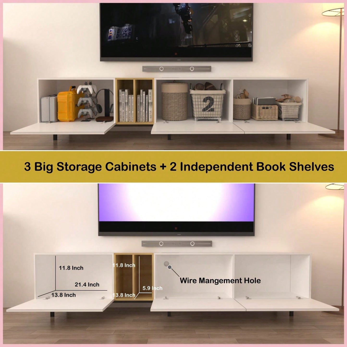 Modern TV Stand For 80 Inch TVs, Entertainment Center With Wireless Charging Station & Ample Storage