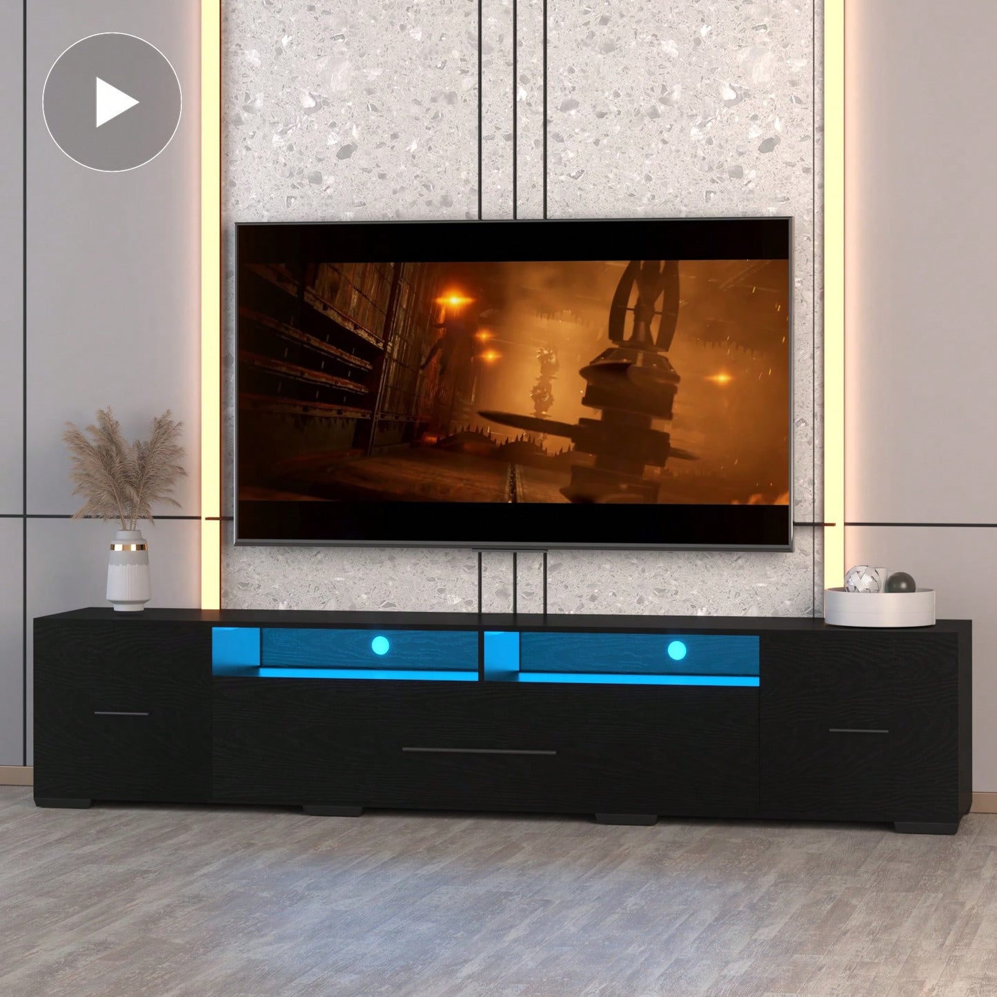 Modern 80 Inch TV Stand with RGB LED Lights Storage Cabinets Remote Controlled 31 Color Modes USB Ports AC Outlets Black