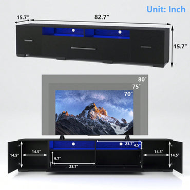 Modern 80 Inch TV Stand with RGB LED Lights Storage Cabinets Remote Controlled 31 Color Modes USB Ports AC Outlets Black