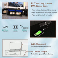 Modern 80 Inch TV Stand with RGB LED Lights Storage Cabinets Remote Controlled 31 Color Modes USB Ports AC Outlets Black