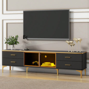 78 Inch Modern TV Stand with LED Lights Marble Finish and Golden Accents for Living Room Storage