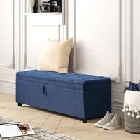 55 Inch Blue Linen Storage Ottoman Bench with Tufted Lid and Padded Seat for Entryway Living Room Bedroom