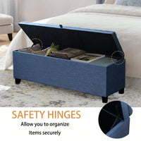 55 Inch Blue Linen Storage Ottoman Bench with Tufted Lid and Padded Seat for Entryway Living Room Bedroom