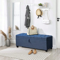 55 Inch Blue Linen Storage Ottoman Bench with Tufted Lid and Padded Seat for Entryway Living Room Bedroom