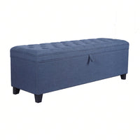 55 Inch Blue Linen Storage Ottoman Bench with Tufted Lid and Padded Seat for Entryway Living Room Bedroom
