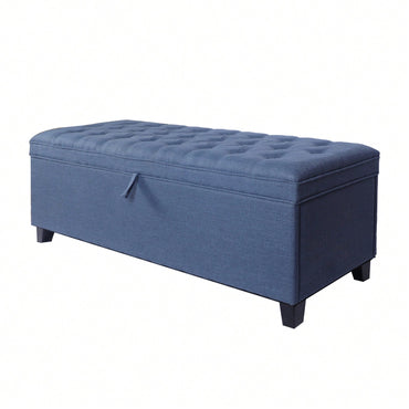 55 Inch Blue Linen Storage Ottoman Bench with Tufted Lid and Padded Seat for Entryway Living Room Bedroom