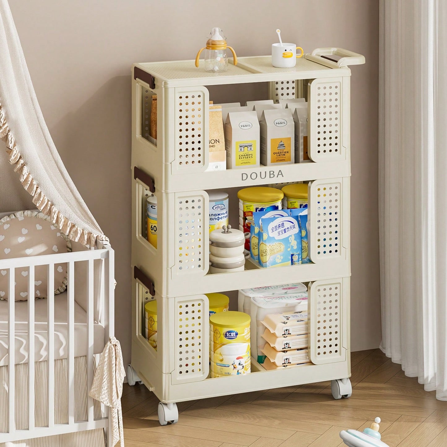 Beige 3-Tier Rolling Storage Cart with Lockable Wheels Versatile Organizer for Kitchen Bathroom Laundry