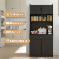 71 Inch Kitchen Pantry Cabinet with Charging Station Open Shelves Large Drawer Microwave Stand 2 Outlets 3 USB Ports Anti-Tip Design