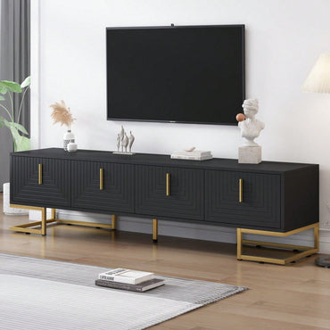 Modern TV Stand, 70 Inch TV Console With Adjustable Shelves, Cable Management, Geometric Design, Gold Accents, For Living Room