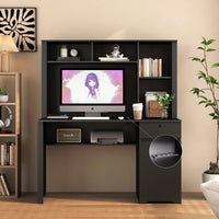 Spacious Black Wood Home Office Desk with Hutch Bookshelf Charging Station and USB Ports for Students and Teens
