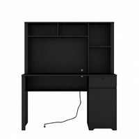 Spacious Black Wood Home Office Desk with Hutch Bookshelf Charging Station and USB Ports for Students and Teens