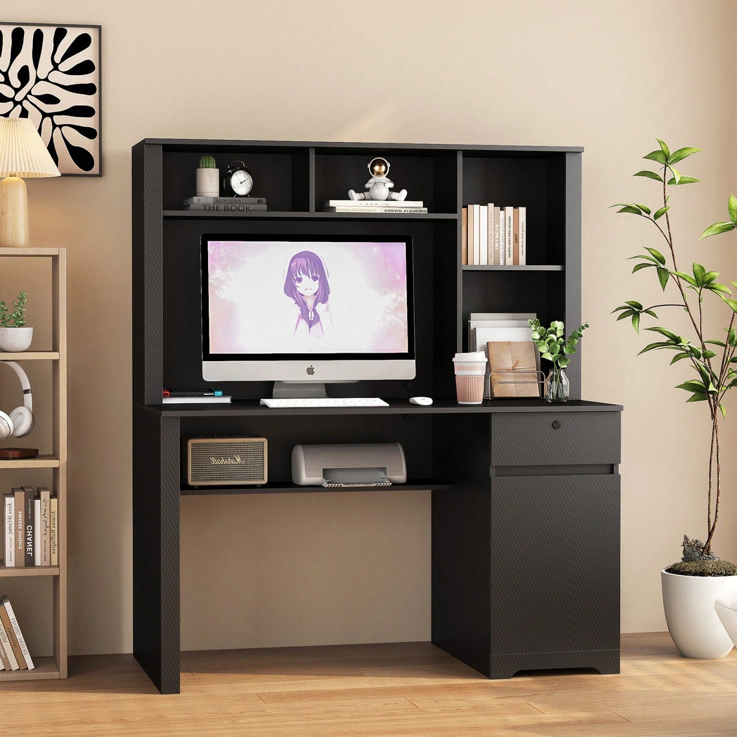 Spacious Black Wood Home Office Desk with Hutch Bookshelf Charging Station and USB Ports for Students and Teens