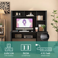 Spacious Black Wood Home Office Desk with Hutch Bookshelf Charging Station and USB Ports for Students and Teens