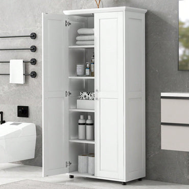 Tall White Bathroom Storage Cabinet with Adjustable Shelves and Anti-Tip Device for Home and Office Organization