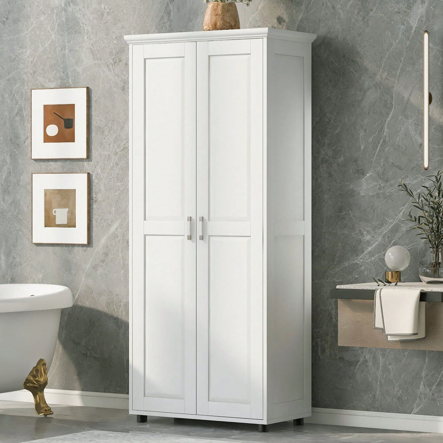 Tall White Bathroom Storage Cabinet with Adjustable Shelves and Anti-Tip Device for Home and Office Organization