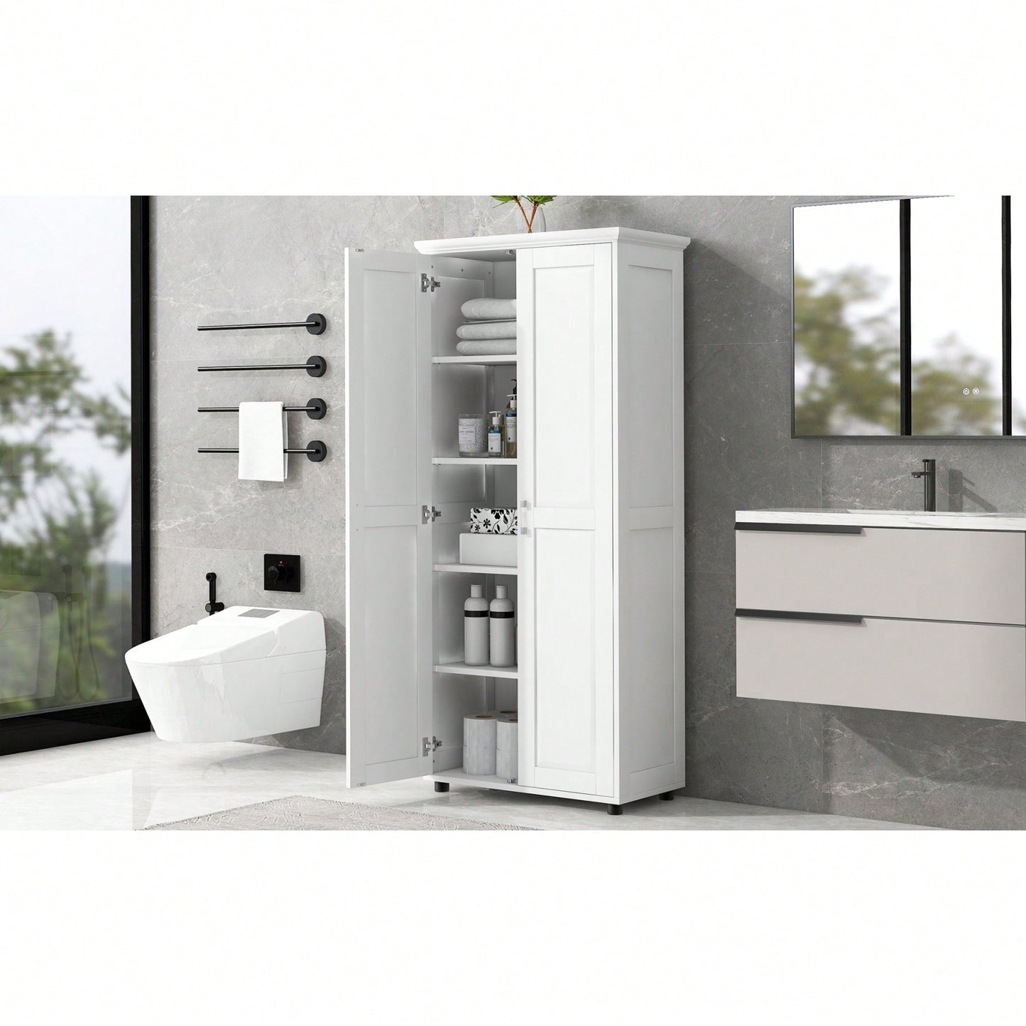 Tall White Bathroom Storage Cabinet with Adjustable Shelves and Anti-Tip Device for Home and Office Organization