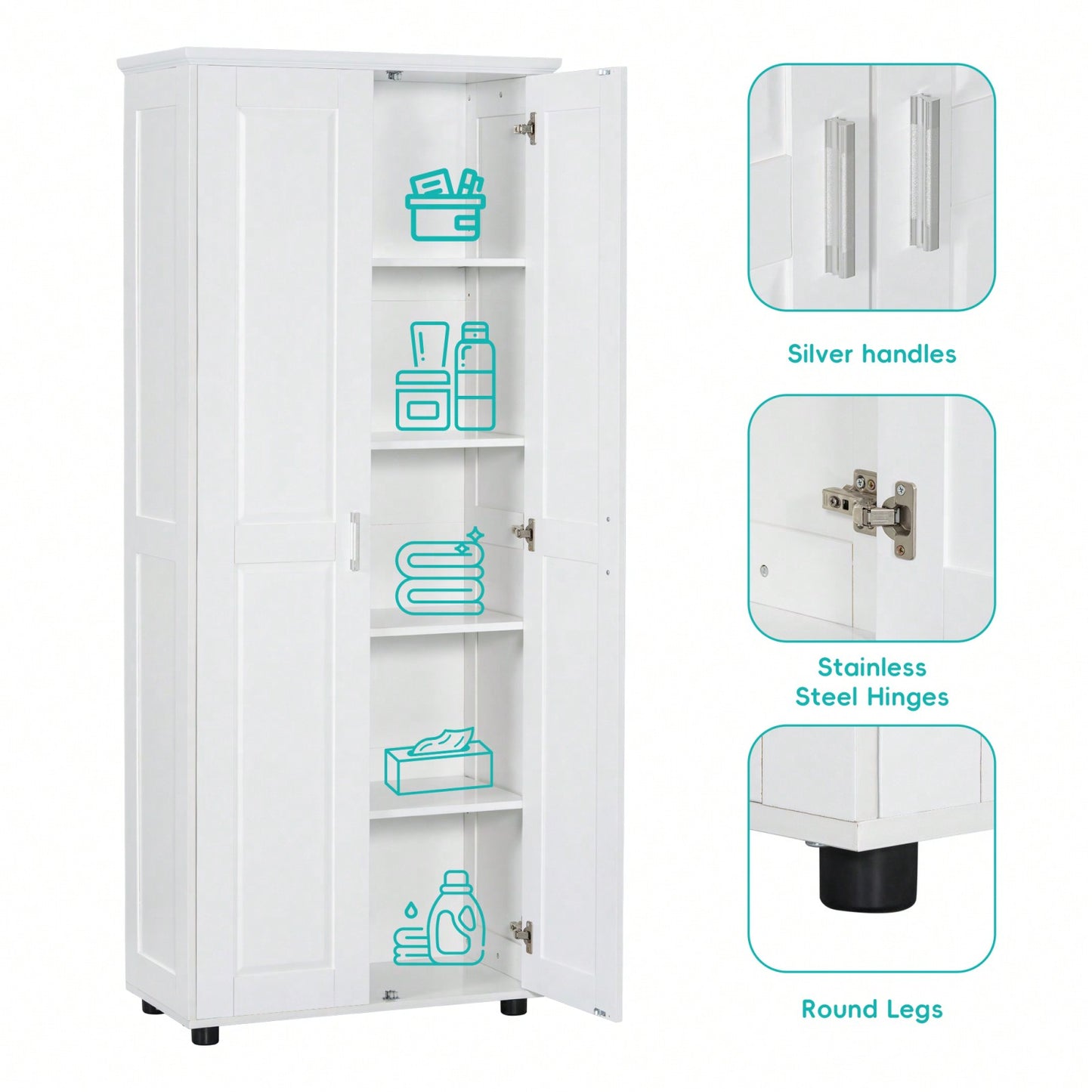 Tall White Bathroom Storage Cabinet with Adjustable Shelves and Anti-Tip Device for Home and Office Organization