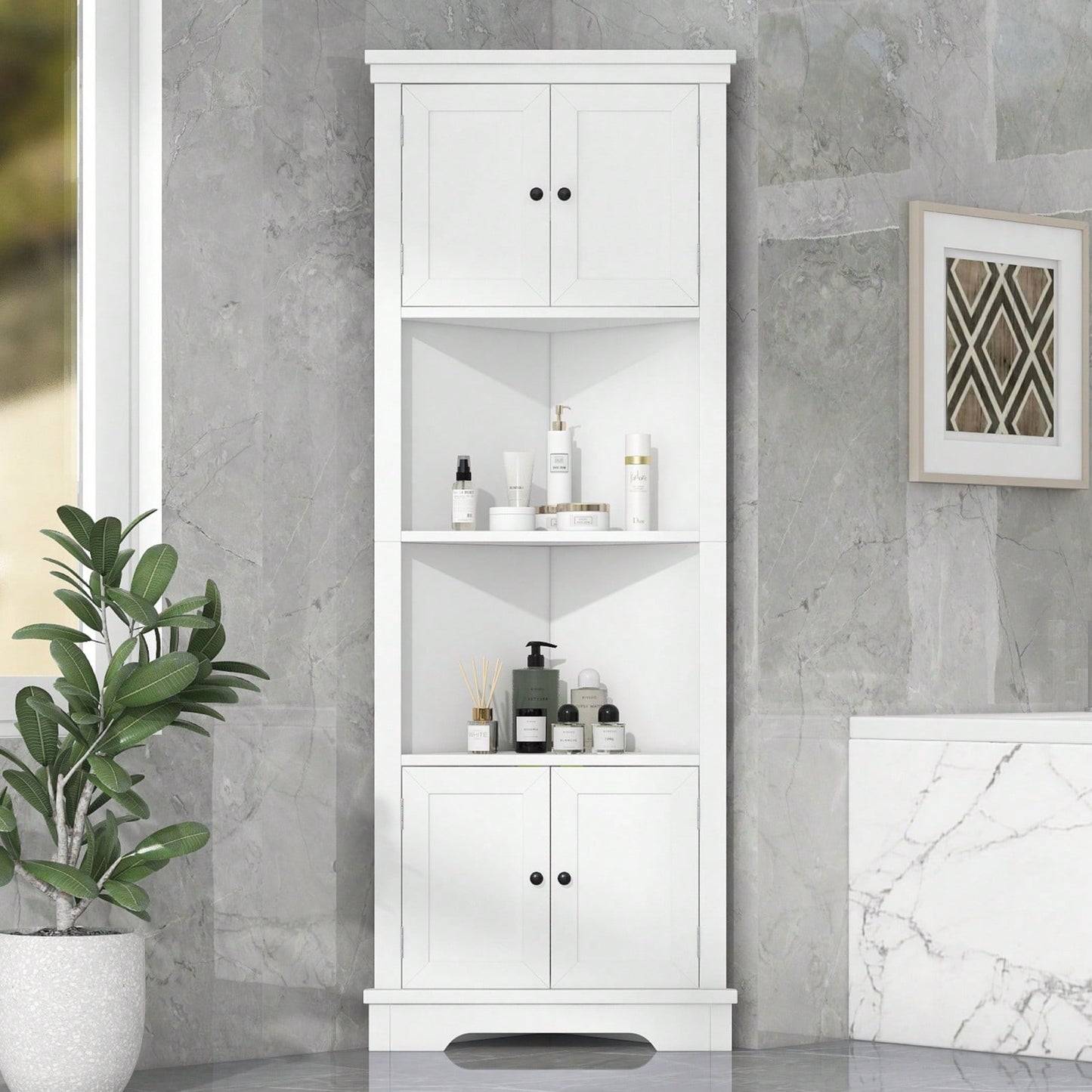 Tall Corner Bathroom Storage Cabinet With Doors And Adjustable Shelf, Open Storage, Anti-Tip Design, Easy Assembly, White