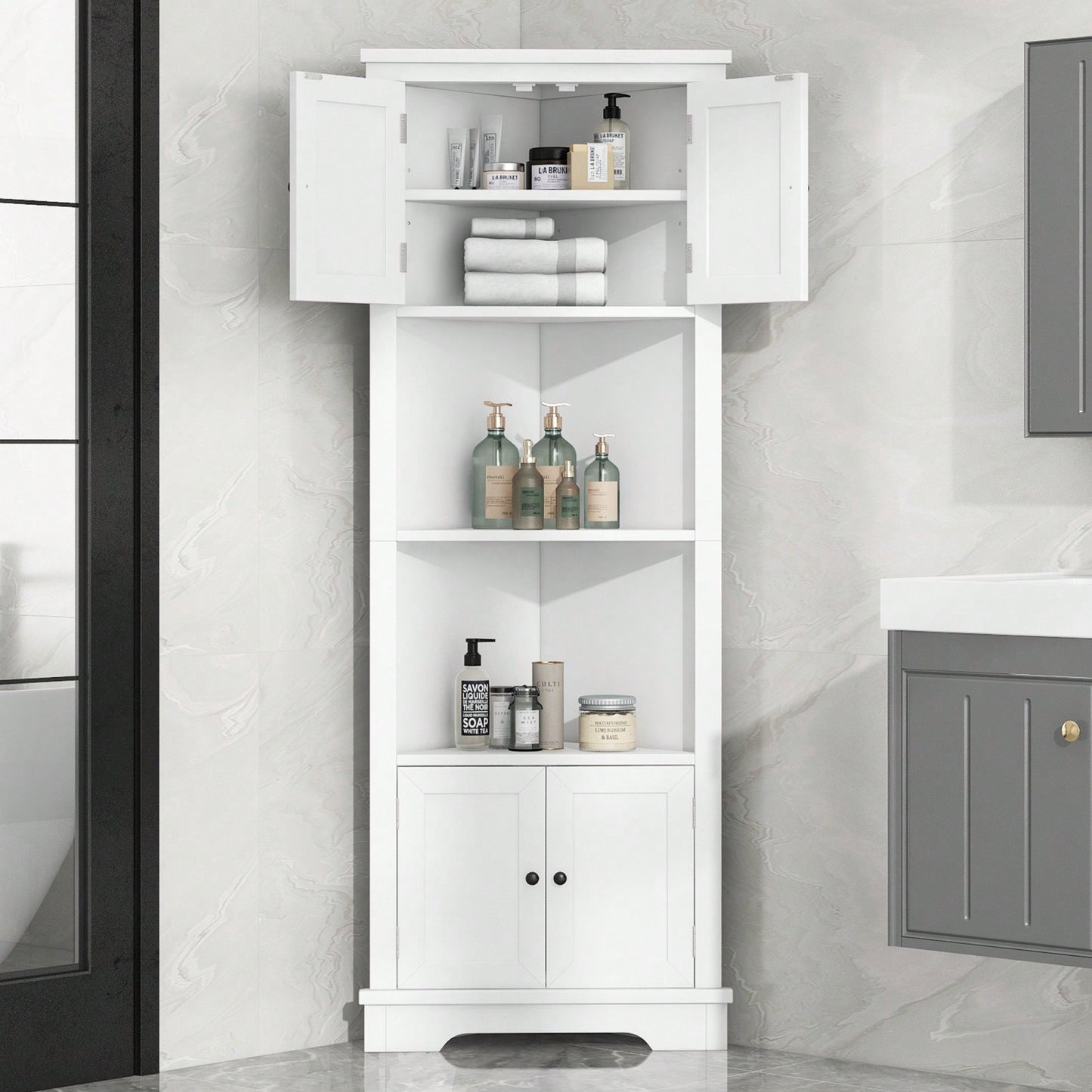 Tall Corner Bathroom Storage Cabinet With Doors And Adjustable Shelf, Open Storage, Anti-Tip Design, Easy Assembly, White