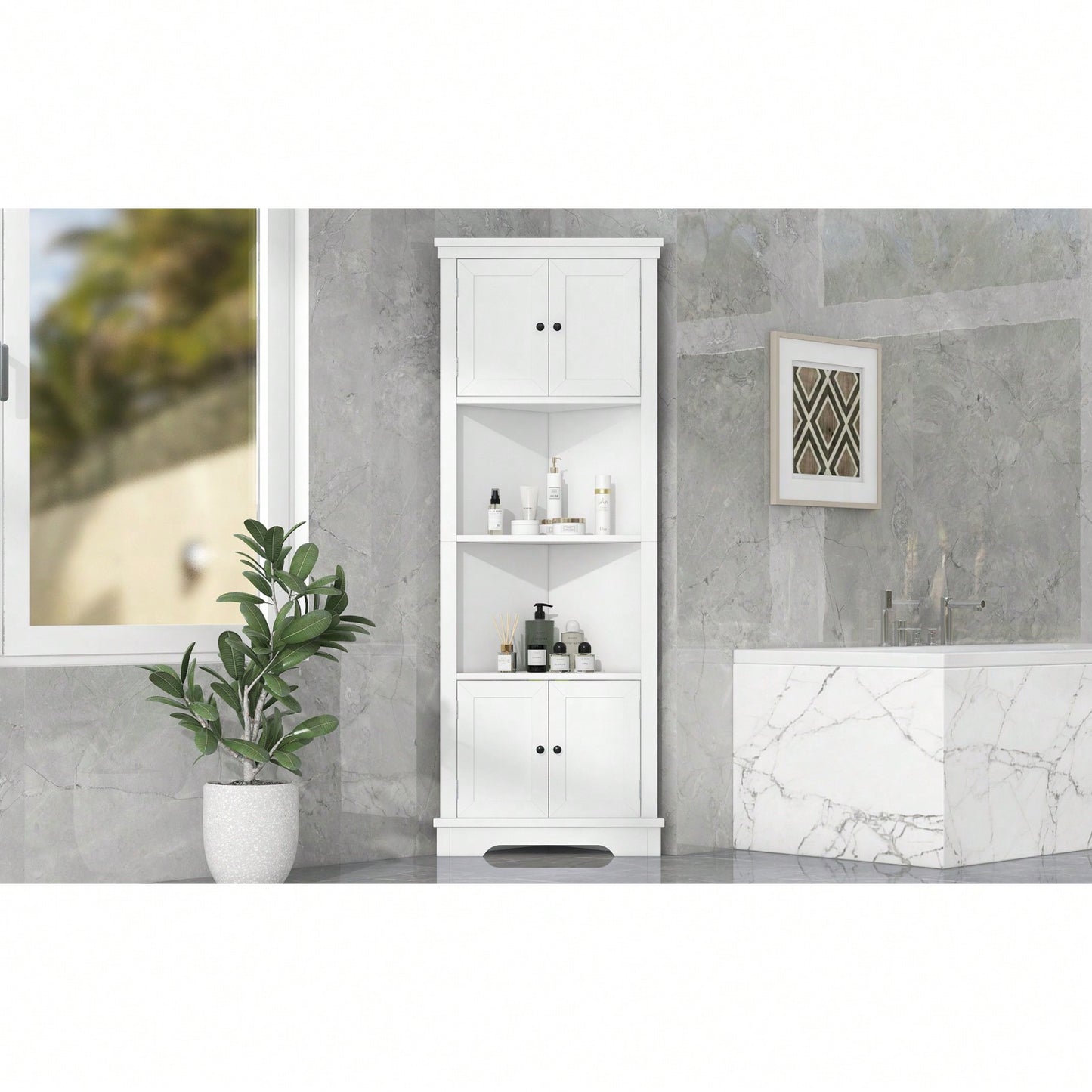 Tall Corner Bathroom Storage Cabinet With Doors And Adjustable Shelf, Open Storage, Anti-Tip Design, Easy Assembly, White