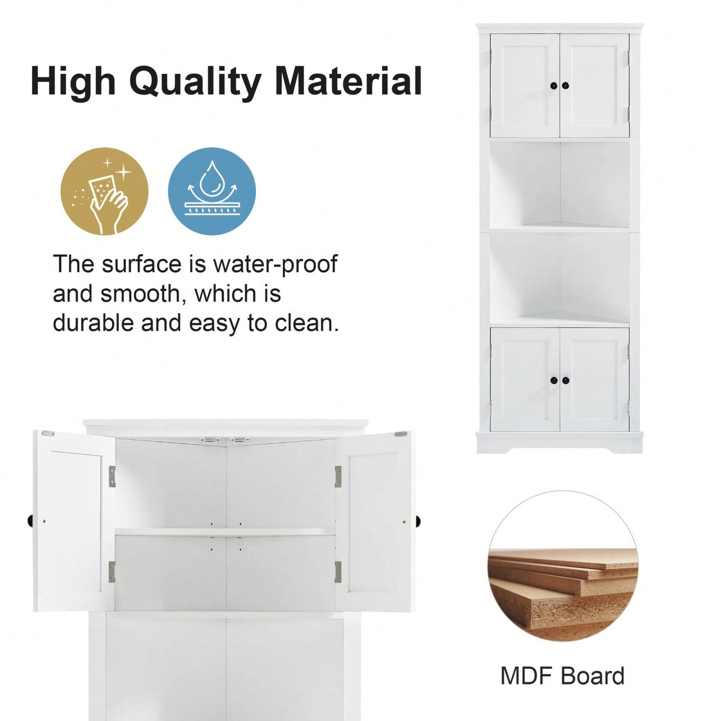 Tall Corner Bathroom Storage Cabinet With Doors And Adjustable Shelf, Open Storage, Anti-Tip Design, Easy Assembly, White