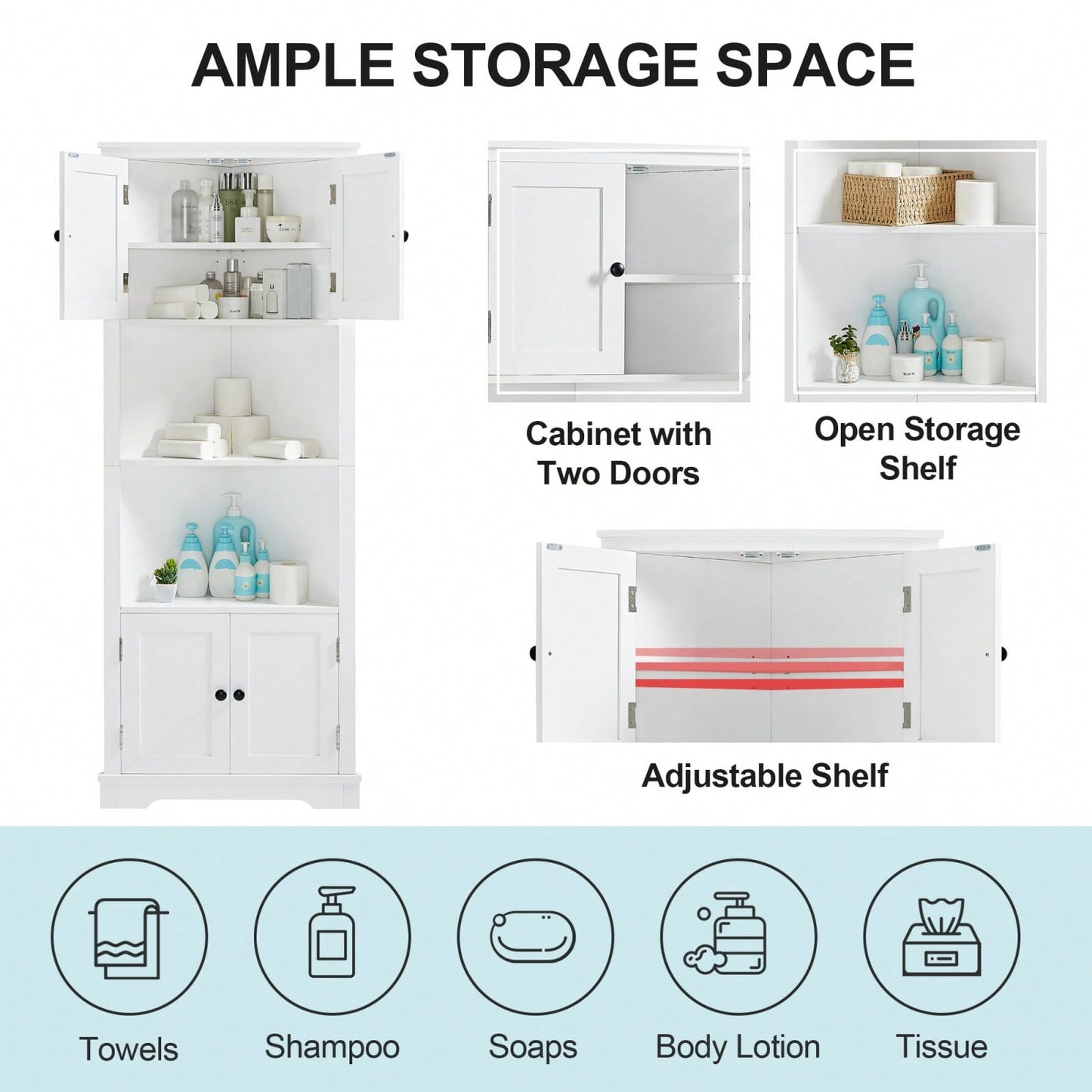 Tall Corner Bathroom Storage Cabinet With Doors And Adjustable Shelf, Open Storage, Anti-Tip Design, Easy Assembly, White