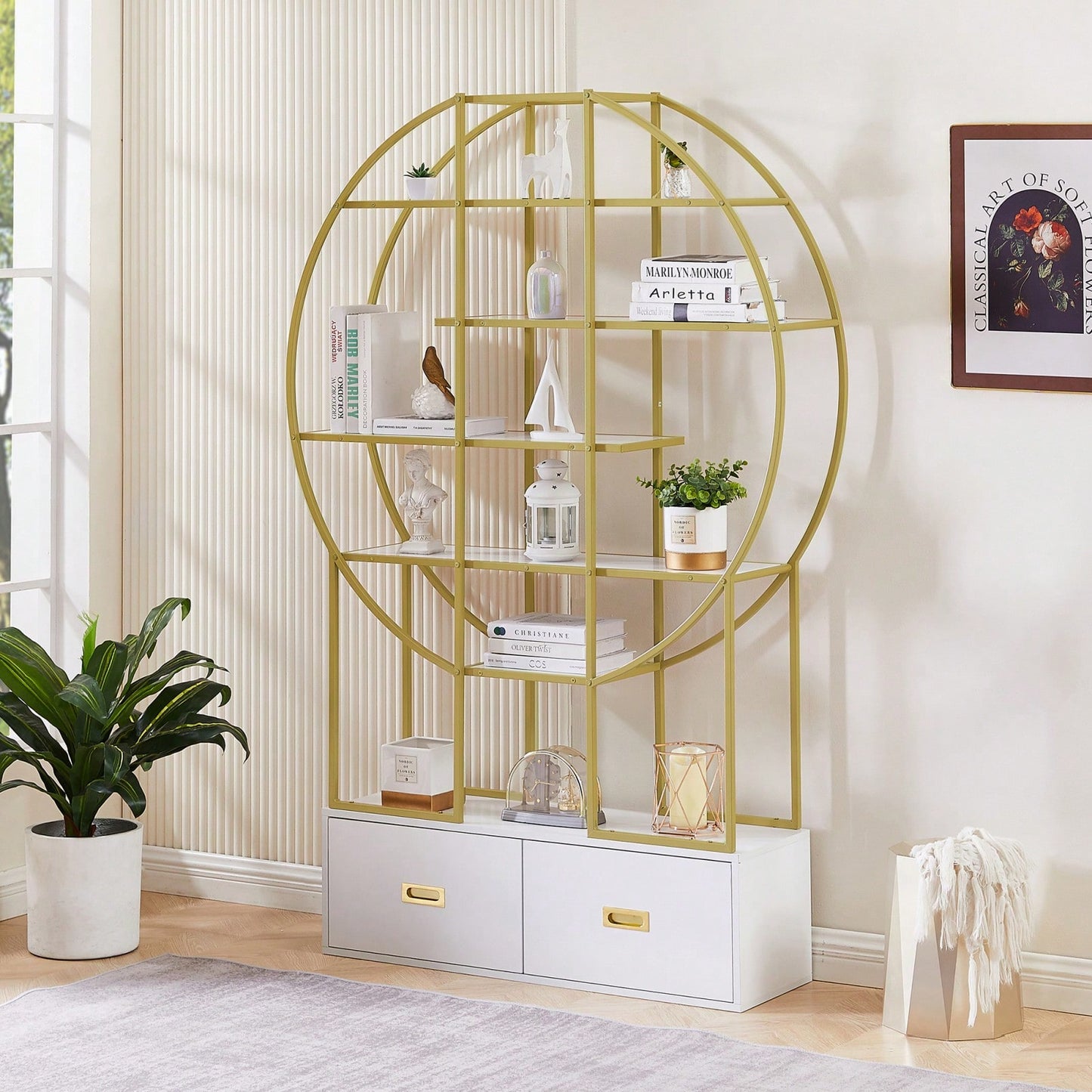 Modern Round Bookcase Bookshelf, Gold Frame, 5 Tiers Open Shelf, 2 Drawers