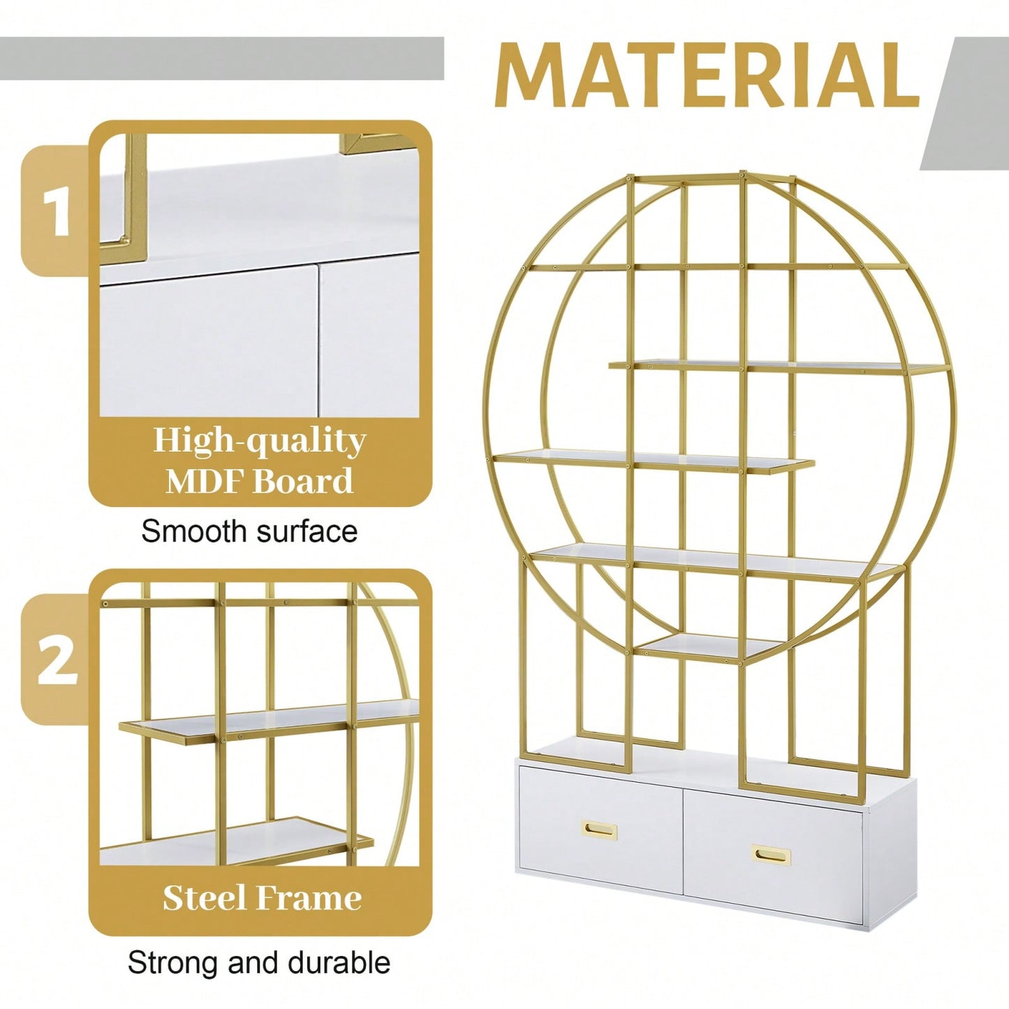 Modern Round Bookcase Bookshelf, Gold Frame, 5 Tiers Open Shelf, 2 Drawers