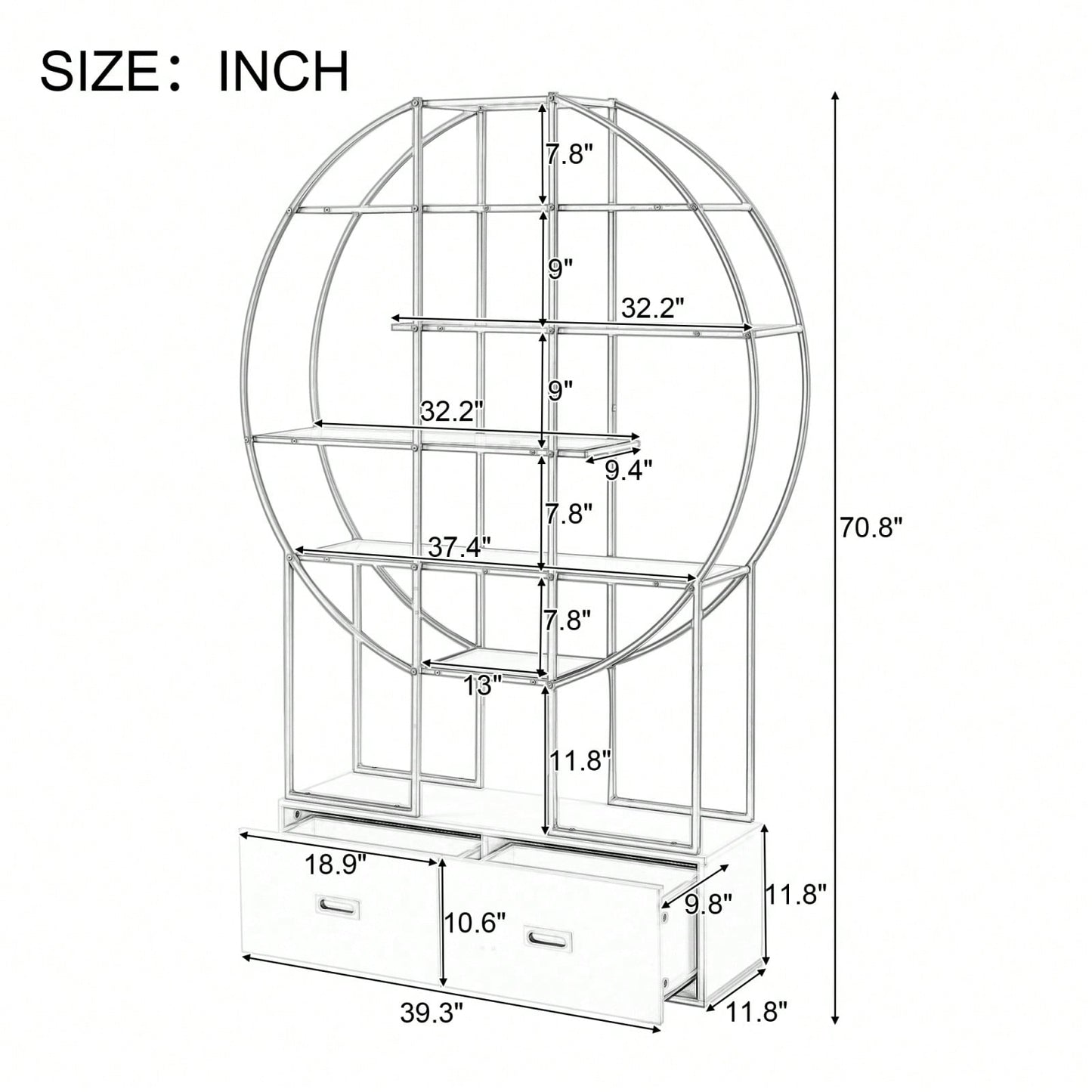 Modern Round Bookcase Bookshelf, Gold Frame, 5 Tiers Open Shelf, 2 Drawers