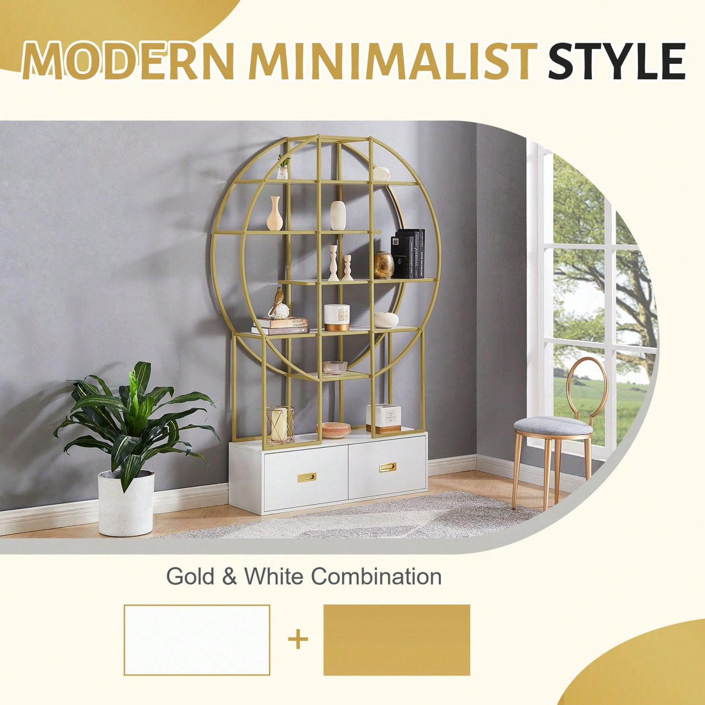 Modern Round Bookcase Bookshelf, Gold Frame, 5 Tiers Open Shelf, 2 Drawers