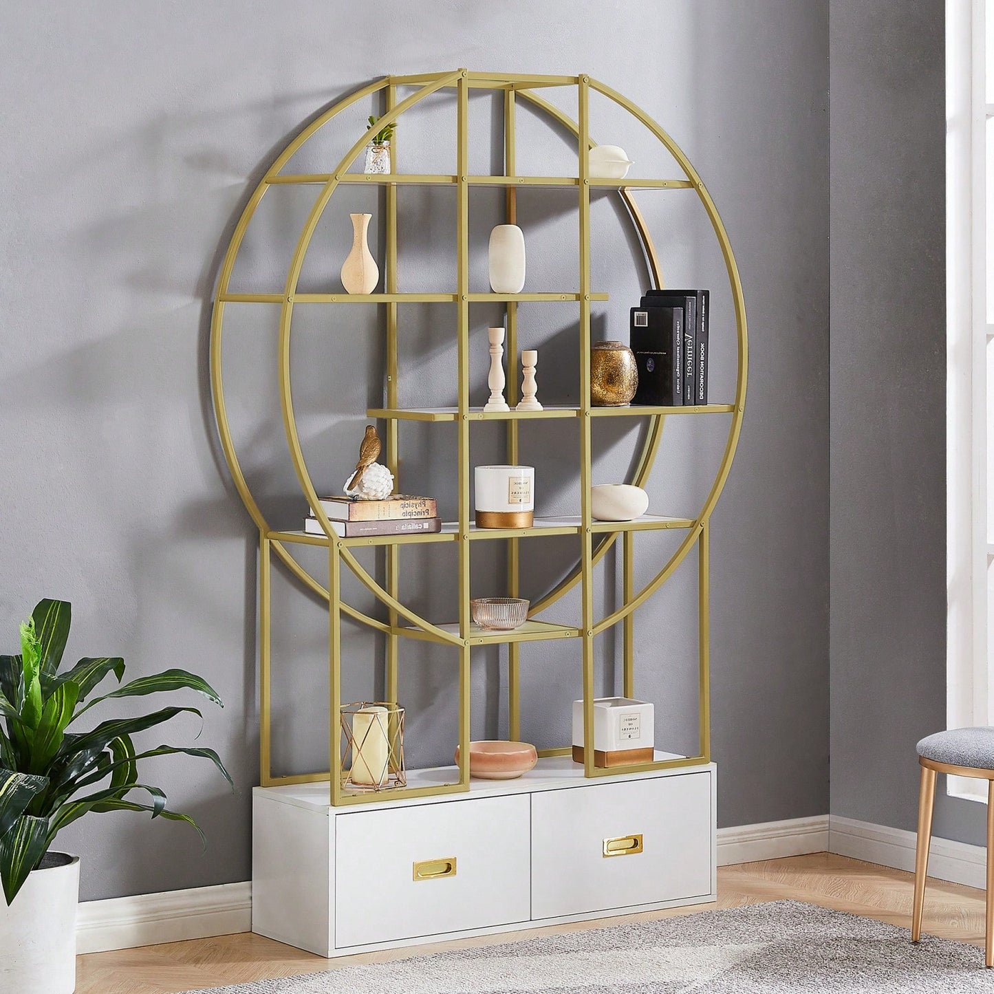 Modern Round Bookcase Bookshelf, Gold Frame, 5 Tiers Open Shelf, 2 Drawers