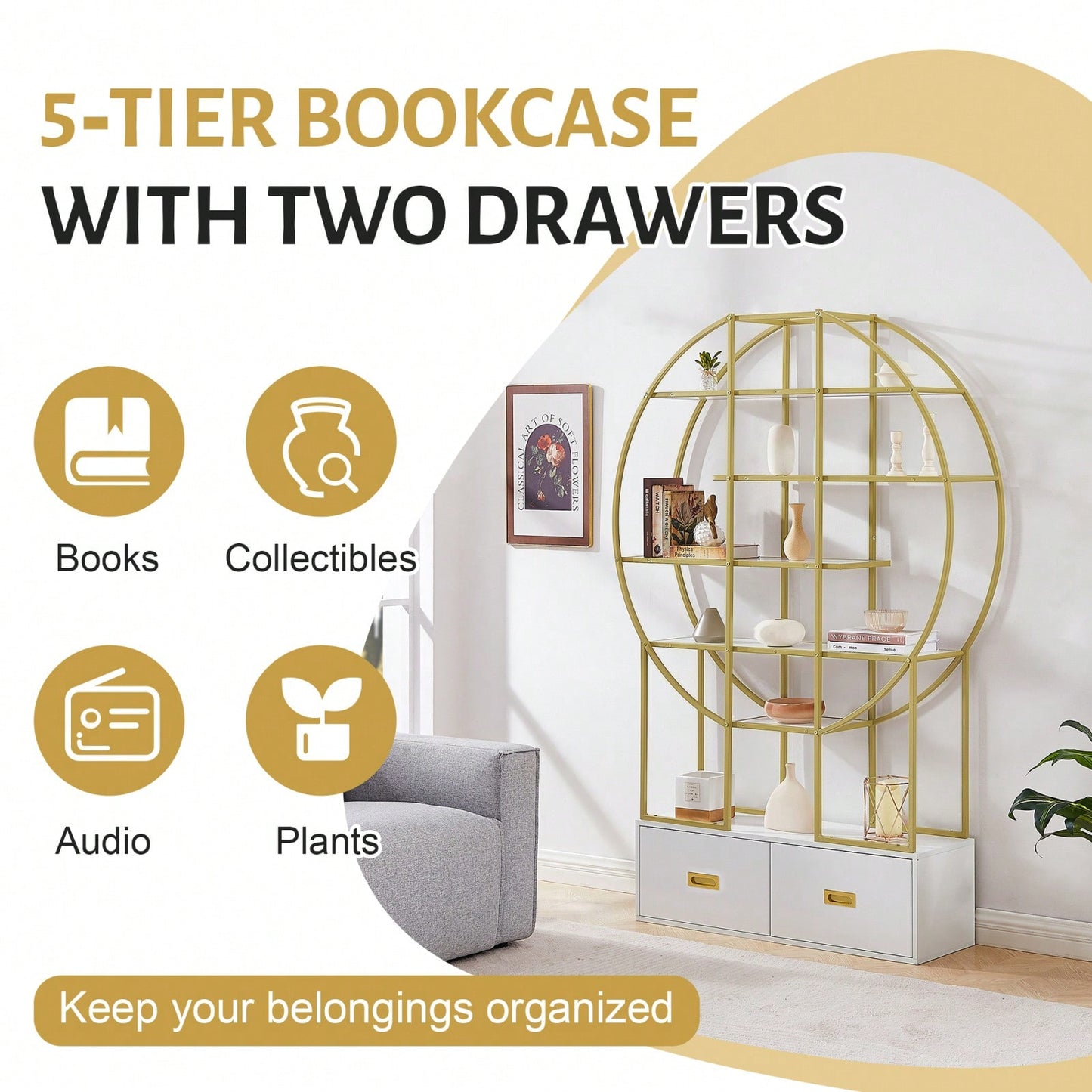 Modern Round Bookcase Bookshelf, Gold Frame, 5 Tiers Open Shelf, 2 Drawers