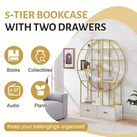 Modern Round Bookcase Bookshelf, Gold Frame, 5 Tiers Open Shelf, 2 Drawers