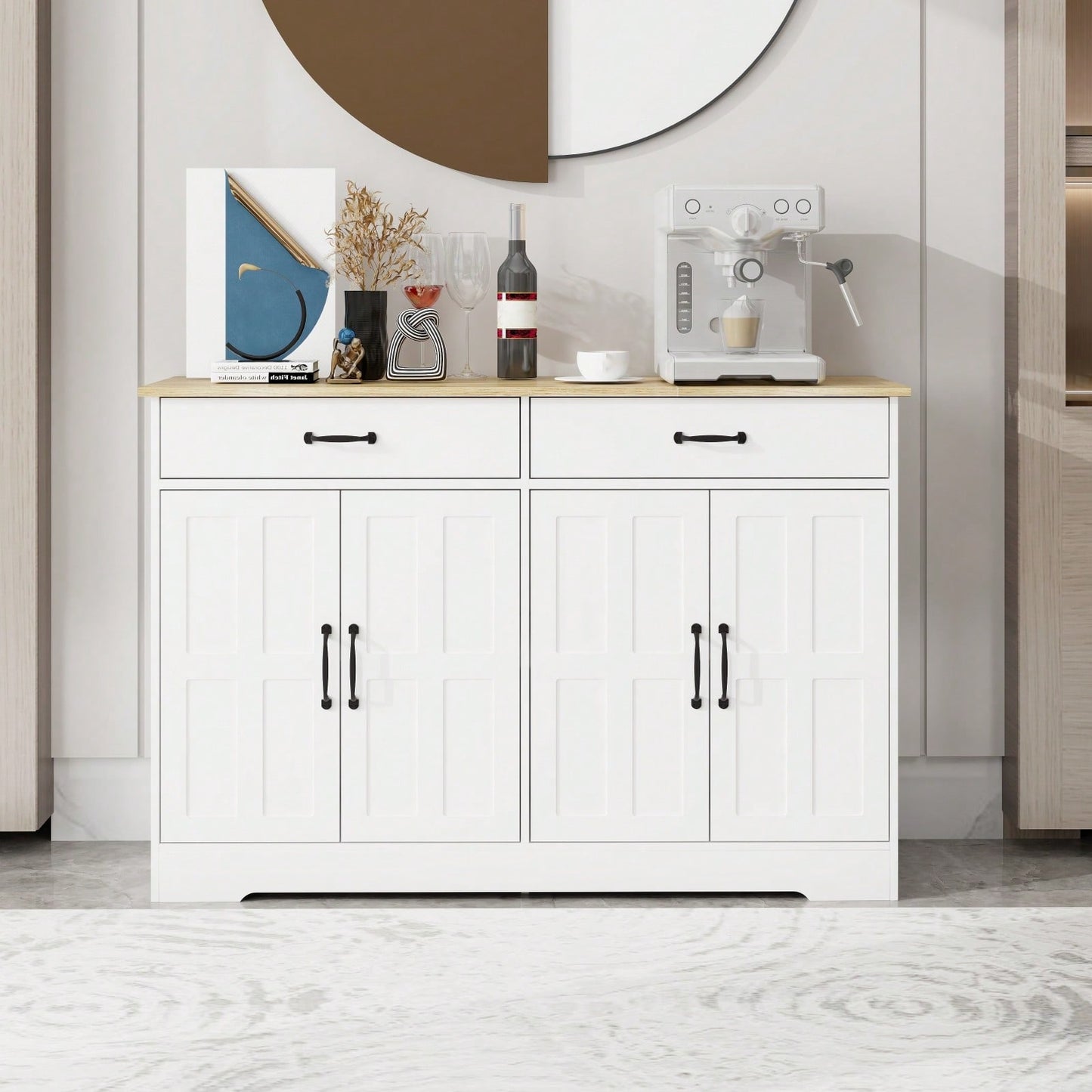 47.95" Farmhouse Buffet Cabinet With Storage | Sideboard With Drawers & Doors | Dining Room, Living Room, Kitchen Cupboard | White