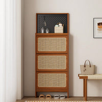 Rattan Shoe Cabinet With 3 Flip Drawers & Pegboard - Narrow Entryway Shoe Storage Organizer, Hidden Storage, 24.88" Wide, 65" Tall